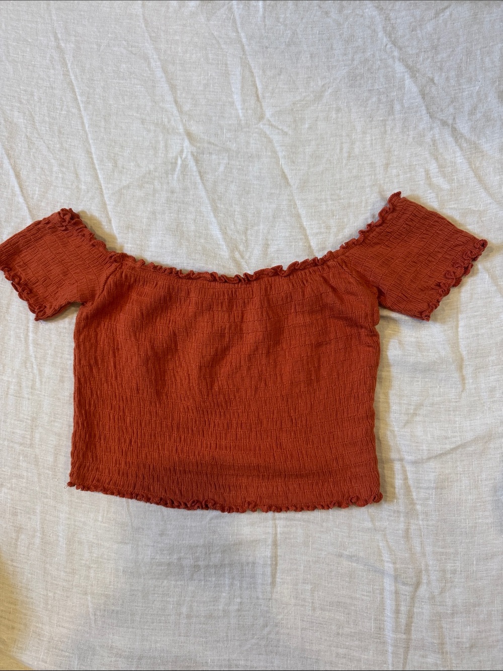 Forever 21 Rust Orange Smocked Off-Shoulder Crop Top